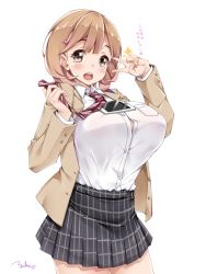 Rule 34 | 10s, 1girl, balancing, breasts, brown eyes, brown hair, large breasts, looking at viewer, matching hair/eyes, narusawa ryouka, necktie, occultic;nine, plaid, plaid skirt, shirt tucked in, short hair, signature, simple background, skirt, smile, solo, striped necktie, striped neckwear, tawawa challenge, text focus, translated, v, white background, yukinon (tsuki koubou)
