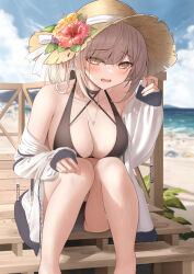 Rule 34 | 1girl, bare shoulders, beach, bikini, black bikini, blurry, blush, breasts, brown eyes, brown hair, brown hat, cleavage, commentary request, day, depth of field, feet out of frame, flower, hat, hat ornament, highres, jacket, jewelry, large breasts, long hair, long sleeves, looking at viewer, monaka curl, necklace, off shoulder, open clothes, open jacket, open mouth, original, outdoors, sitting, solo, swimsuit, thighs, unzipped, white jacket
