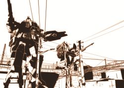 Rule 34 | gm sniper, ground gm, gun, gundam, gundam 08th ms team, holding, holding weapon, mecha, no humans, red ace, robot, shield, telephone pole, weapon, wire