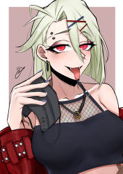 Rule 34 | 1girl, bare shoulders, black tank top, blush, collarbone, earrings, eyebrow piercing, eyebrows, fangs, fangs out, girls&#039; frontline, hair ornament, hairclip, hand up, highres, holding, holding mask, jacket, jewelry, light green hair, long hair, looking at viewer, mask, mouth mask, necklace, open mouth, piercing, red eyes, red jacket, ring, ring necklace, simple background, solo, sr-2 (girls&#039; frontline), surgical mask, tank top, tongue, tongue out, tongue tattoo, upper body, wuwuwu (kriswu555)