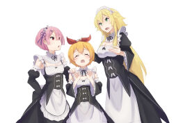 Rule 34 | 2023, 20s, 3girls, absurdres, age difference, blonde hair, blush, bow, breasts, cleavage, closed eyes, female focus, frederica baumann, green eyes, hair bow, hair ornament, height difference, highres, hinatsugu, large breasts, long hair, maid, maid headdress, multiple girls, older woman and younger girl, open mouth, orange hair, petra leyte, pink hair, ram (re:zero), re:zero kara hajimeru isekai seikatsu, red bow, red eyes, roswaal mansion maid uniform, short hair, small breasts, standing, white background