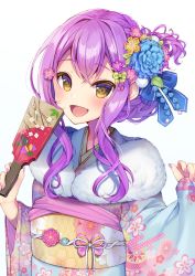 Rule 34 | 1girl, :d, anzu channel, blue flower, blue kimono, blush, brown eyes, commentary request, fang, floral print, flower, fur collar, hagoita, hair between eyes, hair flower, hair ornament, hair up, hands up, highres, hinomori anzu, holding, japanese clothes, kimono, long sleeves, looking at viewer, momoirone, nail polish, obi, open mouth, paddle, print kimono, purple hair, purple nails, sash, simple background, sleeves past wrists, smile, solo, upper body, virtual youtuber, white background