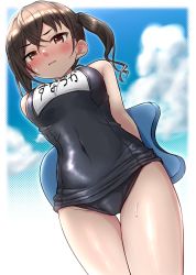 Rule 34 | 1girl, arms behind back, black one-piece swimsuit, blurry, blurry background, blush, covered navel, dokudoku913, dutch angle, from below, full-face blush, highres, holding, holding behind back, idolmaster, idolmaster cinderella girls, looking at viewer, looking down, mole, mole under eye, name tag, one-piece swimsuit, school swimsuit, sharp teeth, solo, sunazuka akira, sweatdrop, swimming pad, swimsuit, teeth, thigh gap, twintails, wavy hair