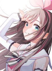 Rule 34 | 1girl, bare shoulders, blue eyes, blush, brown hair, detached sleeves, from side, hairband, highres, kizuna ai, kizuna ai inc., lace-trimmed sleeves, lace trim, long hair, looking at viewer, multicolored hair, parted lips, pink hair, pink hairband, sailor collar, shigure ui, sleeves past wrists, smile, solo, streaked hair, virtual youtuber, white sailor collar, white sleeves, wind