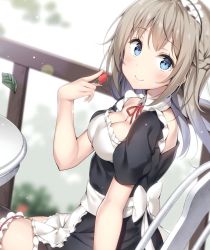 Rule 34 | 1girl, apron, black dress, black thighhighs, blue eyes, blurry, blush, braid, breasts, chair, cleavage, depth of field, detached collar, dress, food, french braid, frills, fruit, hand up, hatsuki kaname, headdress, holding, holding food, holding fruit, leaf, light particles, long hair, looking at viewer, maid, maid apron, maid headdress, medium breasts, neck ribbon, original, red ribbon, ribbon, sidelocks, silver hair, sitting, smile, solo, strawberry, table, thighhighs, waist apron