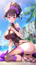 Rule 34 | 1girl, :d, arm support, ass, backlighting, bare shoulders, beach, blush, breasts, brown hair, commentary, commentary request, day, fate/grand order, fate (series), hand on own chest, highres, large breasts, murasaki shikibu (fate), murasaki shikibu (swimsuit rider) (fate), murasaki shikibu (swimsuit rider) (first ascension) (fate), open mouth, palm tree, purple eyes, sakura tsubame, smile, solo, swimsuit, tree, water
