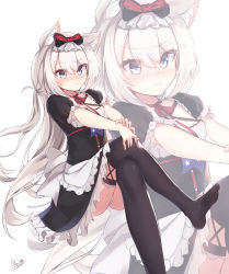 Rule 34 | 1girl, alswp5806, american flag, american flag print, animal ears, apron, artist name, azur lane, black dress, black thighhighs, blue eyes, blush, bow, cat ears, closed mouth, crossed legs, dress, fingernails, flag print, frilled apron, frills, hair between eyes, hair bow, hammann (azur lane), highres, long hair, no shoes, nose blush, one side up, panties, print neckwear, puffy short sleeves, puffy sleeves, red bow, short sleeves, signature, silver hair, simple background, sitting, soles, solo, thighhighs, underwear, very long hair, waist apron, wavy mouth, white apron, white background, white panties, zoom layer