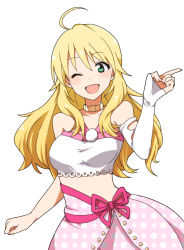 Rule 34 | 1girl, ;d, ahoge, blonde hair, blush, breasts, gloves, green eyes, hoshii miki, idolmaster, idolmaster (classic), kidachi, long hair, looking at viewer, midriff, one eye closed, open mouth, shirt, simple background, single glove, smile, solo, taut clothes, taut shirt, white background