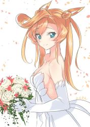Rule 34 | 10s, 1girl, abukuma (kancolle), alternate costume, backless dress, backless outfit, bare back, bare shoulders, blonde hair, blue eyes, bouquet, bridal gauntlets, detached sleeves, double bun, dress, elbow gloves, flower, gloves, hair bun, hair rings, kantai collection, long hair, looking at viewer, sensen, simple background, smile, solo, twintails, wedding dress, white gloves