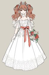 Rule 34 | 1girl, angelina (arknights), animal ears, arknights, bare shoulders, bouquet, bridal veil, bride, brown hair, choker, commentary request, dress, flower, fox ears, full body, gloves, grey background, long hair, looking at viewer, off-shoulder dress, off shoulder, red eyes, red sash, sash, short sleeves, simple background, smile, solo, standing, tanagawa makoto, tiara, twintails, veil, wedding dress, white choker, white dress, white gloves