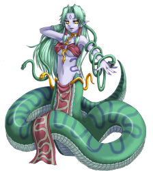 Rule 34 | 1girl, armpits, breasts, cleavage, colored skin, echidna (monster girl encyclopedia), facial mark, fingernails, forehead mark, gold, green hair, grey skin, jewelry, kenkou cross, lamia, large breasts, long fingernails, long hair, looking at viewer, midriff, monster girl, monster girl encyclopedia, navel, pelvic curtain, pointy ears, slit pupils, smile, snake hair, solo, underboob, yellow eyes