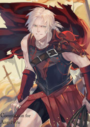 Rule 34 | 1boy, armor, black shorts, blonde hair, bracer, cape, commission, flag, green eyes, grin, julia yit, looking at viewer, male focus, original, planted, red cape, shorts, smile, watermark, weapon