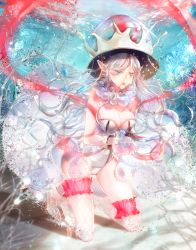 Rule 34 | 1girl, air bubble, animal, animal hat, asymmetrical legwear, bare arms, bare shoulders, beads, blue eyes, blurry, breasts, bubble, cleavage, commentary, coral, depth of field, diffraction spikes, ekm, fantasy, fishnet thighhighs, fishnets, floating hair, frilled thighhighs, frills, gem, hagoromo, hair between eyes, hat, holding breath, jellyfish, jewelry, kneeling, leotard, light particles, liquid hair, long hair, medium breasts, necklace, ocean, seafloor, on ground, original, pearl (gemstone), personification, pointy ears, red lips, shade, shawl, shoes, showgirl skirt, silver hair, solo, strapless, strapless leotard, submerged, thighhighs, transparent, underwater, uneven legwear, white footwear, white leotard, white thighhighs, wrist cuffs