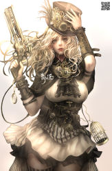 Rule 34 | 1girl, adjusting clothes, adjusting headwear, blonde hair, breasts, clock, clockwork, commentary, gears, gun, hat, highres, holding, holding weapon, large breasts, lips, long hair, original, qr code, shale, signature, solo, standing, steam, steampunk, thighhighs, weapon