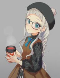 Rule 34 | 1girl, aikatsu!, aikatsu! (series), alternate costume, alternate hairstyle, beret, black-framed eyewear, black hat, black shirt, blue bow, blue eyes, blunt bangs, bow, braid, brown dress, commentary request, cup, disposable cup, dress, glasses, grey background, grey hair, hat, holding, holding cup, linaria (ookinahitomi), long hair, long sleeves, looking at viewer, shirt, sidelocks, simple background, single braid, solo, todo yurika, very long hair