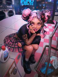 Rule 34 | 1girl, asymmetrical sleeves, basket, black footwear, black hair, black nails, black sleeves, bright pupils, detached sleeves, fishnet sleeves, fishnets, highres, indoors, ivyalive, jewelry, laundromat, looking at viewer, multicolored hair, nail polish, original, parted lips, pink eyes, pink hair, pink skirt, plaid, plaid skirt, pleated skirt, ring, shoes, short sleeves, skirt, solo, tile floor, tiles, tongue, two-tone hair, white pupils