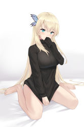 Rule 34 | 1girl, absurdres, bare legs, barefoot, black sweater, blonde hair, blue eyes, boku wa tomodachi ga sukunai, bottomless, breasts, butterfly hair ornament, clothes tug, covering own mouth, hair ornament, hand over own mouth, hand up, highres, kashiwazaki sena, key (user eksy3878), large breasts, light blush, long hair, looking at viewer, shirt tug, simple background, sitting, sleeves past fingers, sleeves past wrists, solo, sweater, sweater tug, thighs, turtleneck, turtleneck sweater, very long hair, wariza, white background