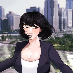 Rule 34 | 1girl, black hair, black jacket, breasts, brown eyes, building, city, cleavage, closed mouth, day, double biub, glass wall, highres, jacket, large breasts, medium hair, original, outdoors, shirt, sky, smile, solo, suit jacket, upper body, white shirt