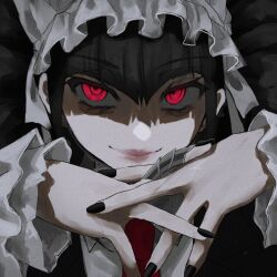 Rule 34 | 1girl, black hair, black jacket, black nails, blunt bangs, celestia ludenberg, closed mouth, collared shirt, danganronpa: trigger happy havoc, danganronpa (series), drill hair, grey shirt, hands up, headdress, jacket, joh pierrot, long hair, long sleeves, looking at viewer, nail polish, necktie, portrait, red eyes, red necktie, shirt, signature, smile, solo, twin drills, twintails