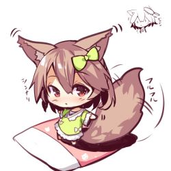 Rule 34 | 1girl, animal ears, barefoot, brown hair, brushing hair, chibi, chibi inset, clenched hand, dress, fox ears, fox girl, fox tail, futon, green dress, hair brush, long sleeves, original, outstretched arms, red eyes, standing, tail, tail wagging, translation request, white background, wide sleeves, yuuji (yukimimi), | |