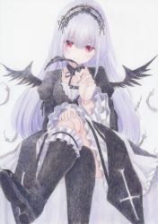 Rule 34 | 1girl, black dress, black wings, blush, boots, breasts, darkkanan, doll joints, dress, eyes visible through hair, feathered wings, gothic lolita, hairband, highres, joints, lolita fashion, lolita hairband, long hair, looking at viewer, medium breasts, red eyes, rozen maiden, sidelocks, simple background, sitting, smile, solo, suigintou, thighs, white background, white hair, wings