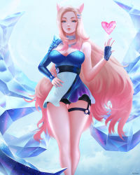 Rule 34 | 1girl, ahri (league of legends), animal ears, asymmetrical clothes, blonde hair, breasts, choker, crystal tail, facial mark, fingerless gloves, fox ears, fox tail, gloves, hand on own hip, heart, highres, jewelry, k/da (league of legends), k/da ahri, large breasts, league of legends, lips, long hair, looking at viewer, mcdobo, multicolored hair, multiple tails, single fingerless glove, solo, tail, two-tone hair, whisker markings, yellow eyes