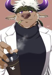 Rule 34 | 1boy, alternate costume, animal ears, bara, black jacket, black shirt, camouflage, coat, coffee, cow boy, cow ears, cow horns, cup, disposable cup, doctor, furry, furry male, headband, highres, horns, jacket, lab coat, large pectorals, male focus, muscular, open clothes, open coat, pectorals, purple eyes, purple horns, shennong (housamo), shirt, short hair, sideburns, solo, tokyo houkago summoners, upper body, white hair, yanai inaya