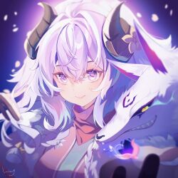 Rule 34 | 1girl, breasts, closed mouth, gradient background, grin, hair between eyes, hand up, highres, horns, kindred (league of legends), lamb (league of legends), large breasts, league of legends, long hair, petals, pink eyes, purple background, sharp teeth, smile, solo, spirit blossom kindred, teeth, upper body, wing (39 miku831), wolf (league of legends)
