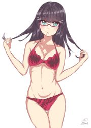 Rule 34 | 10s, 1girl, absurdres, artist name, bespectacled, bikini, black hair, blush, breasts, cleavage, eyes visible through hair, glasses, green eyes, hair ornament, hairclip, highres, hime cut, kaya (yoshina9), kurosawa dia, large breasts, long hair, looking at viewer, love live!, love live! sunshine!!, navel, revision, signature, simple background, solo, standing, swimsuit, white background
