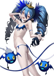 Rule 34 | 1girl, :d, :p, ass, bare shoulders, bikini, blue bikini, blue hair, blue nails, bombergirl, breasts, brown eyes, commentary request, drill hair, fangs, from side, front-tie bikini top, front-tie top, hair between eyes, heart, heart tattoo, highres, lewisia aquablue, long hair, looking at viewer, looking to the side, nail polish, open mouth, pubic tattoo, side-tie bikini bottom, simple background, small breasts, smile, solo, suketoudara (artist), swimsuit, tail, tattoo, tongue, tongue out, twin drills, twintails, very long hair, white background