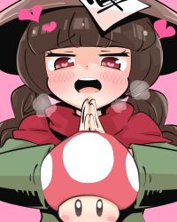 Rule 34 | 1girl, ajirogasa, blunt bangs, blush, braid, breath, commentary request, cookie (touhou), dress, gram 9, green dress, green tea (cookie), hat, heart, heart-shaped pupils, long hair, long sleeves, mario (series), nintendo, open mouth, own hands together, palms together, pink background, red eyes, red scarf, round teeth, scarf, simple background, solo, super mushroom, symbol-shaped pupils, teeth, touhou, twin braids, upper body, yatadera narumi