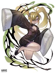 Rule 34 | 1girl, black dress, blonde hair, blue eyes, blush stickers, breasts, china dress, chinese clothes, cleavage, closed mouth, dress, eyepatch, full body, goddess of victory: nikke, guillotine (nikke), highres, long hair, looking at viewer, machishita atake, small breasts, smile, solo, twintails, wavy hair, white background, wide sleeves