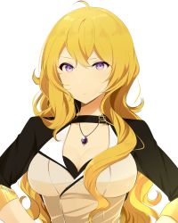 Rule 34 | 1girl, absurdres, ahoge, artist name, blonde hair, breasts, cleavage, collarbone, curly hair, eyelashes, frown, hair between eyes, highres, jacket, jewelry, large breasts, long hair, long sleeves, looking at viewer, necklace, purple eyes, rwby, simple background, solo, sports bra, sunnypoppy, upper body, wavy hair, white background, yang xiao long