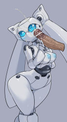 Rule 34 | 1boy, 1girl, android, bar censor, blue eyes, blue sclera, breasts, censored, colored sclera, crossed legs, cum, drossel von flugel, ejaculation, erection, facial, fireball (series), grey background, handjob, hetero, joints, medium breasts, nipples, no mouth, nude, penis, penis on face, pochincoff, projectile cum, puffy nipples, robot, robot joints, simple background, standing, twintails, watson cross, white hair, wide hips