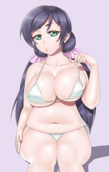 Rule 34 | 10s, 1girl, aqua eyes, belly, bikini, blaccura, breasts, huge breasts, long hair, looking at viewer, love live!, love live! school idol project, parted lips, plump, purple hair, skindentation, solo, swimsuit, tojo nozomi, twintails, white bikini