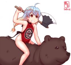 Rule 34 | 1girl, 1other, ahoge, artist logo, axe, barefoot, bear, blonde hair, blue hair, chinese clothes, commentary request, cosplay, dated, dudou, gradient hair, grin, highres, kanon (kurogane knights), kantai collection, kintarou, kintarou (cosplay), long hair, multicolored hair, red eyes, riding, sado (kancolle), simple background, smile, tsurime, white background