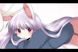 Rule 34 | 1girl, animal ears, bad id, bad pixiv id, blazer, rabbit ears, hammer (sunset beach), jacket, letterboxed, light purple hair, long hair, looking at viewer, lying, on stomach, red eyes, reisen udongein inaba, skirt, solo, touhou