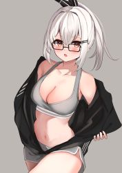 Rule 34 | 1girl, :o, absurdres, black bow, black hoodie, blush, bow, breasts, cleavage, collarbone, commentary request, commission, cowboy shot, glasses, grey background, grey hair, grey shorts, grey sports bra, hair bow, highres, hood, hoodie, long sleeves, medium breasts, midriff, navel, open mouth, original, pixiv commission, red eyes, shorts, side ponytail, simple background, solo, sports bra, sportswear, stomach, undressing, unzipped, v a i r
