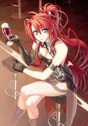 Rule 34 | 1girl, alcohol, bar (place), bar stool, breasts, champagne, cleavage, elbow gloves, gloves, ignis, jingai makyou, crossed legs, long hair, purple eyes, red hair, sitting, smile, solo, stool, thighhighs, wine