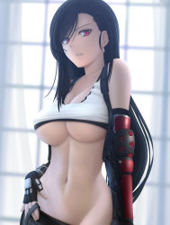 Rule 34 | 1girl, bare shoulders, black hair, black skirt, breasts, cleavage, clothes lift, curtains, earrings, elbow gloves, elbow pads, eyelashes, final fantasy, final fantasy vii, final fantasy vii remake, fingerless gloves, gauntlets, gloves, groin, highres, jewelry, large breasts, long hair, looking at viewer, midriff, navel, parted lips, shirt lift, siraha, skirt, solo, suspender skirt, suspenders, swept bangs, tank top, tifa lockhart, underboob, unfastened, window