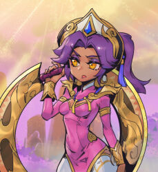 Rule 34 | 1girl, boomerang, breasts, cowboy shot, d:, dark-skinned female, dark skin, dress, gem, hair ornament, hand up, holding, holding weapon, league of legends, long hair, lunar empress qiyana, medium breasts, multicolored background, open mouth, orange eyes, phantom ix row, pink dress, qiyana (league of legends), solo, thighhighs, twintails, weapon, white thighhighs