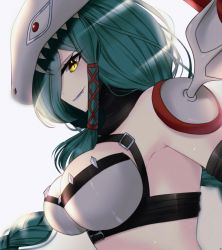 Rule 34 | 1girl, aqua hair, armpits, bad id, bad pixiv id, bikini, bikini top only, braid, breasts, cleavage, commentary, digimon, digimon (creature), fang, fang out, from side, hair over one eye, halterneck, helmet, highres, large breasts, lipstick, long hair, lury.sgh, makeup, mervamon, midriff, profile, purple lips, shoulder pads, sidelocks, sideways glance, simple background, slit pupils, smile, solo, swimsuit, upper body, very long hair, white background, white bikini, yellow eyes