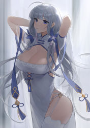 Rule 34 | 1girl, ahoge, arms up, azur lane, blue eyes, blue ribbon, blunt bangs, blush, breasts, china dress, chinese clothes, cleavage, cleavage cutout, closed mouth, clothing cutout, commentary, covered navel, cowboy shot, curtains, dress, flower, garter straps, groin, hair flower, hair ornament, hair tie in mouth, highres, illustrious (azur lane), illustrious (maiden lily&#039;s radiance) (azur lane), large breasts, long hair, looking at viewer, mole, mole under eye, mouth hold, official alternate costume, ribbon, sash, see-through, see-through silhouette, side slit, silver hair, smile, solo, tassel, thighhighs, thighs, white dress, white thighhighs, yayako (804907150)