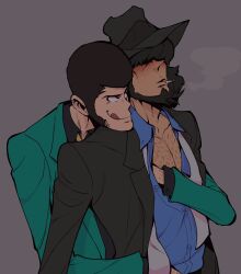 Rule 34 | 2boys, absurdres, arsene lupin iii, bara, beard, black hat, black jacket, black shirt, blue shirt, blush, buttons, chest hair, cigarette, collared shirt, commentary, english commentary, facial hair, grabbing, grabbing from behind, green jacket, grey background, hair over eyes, hand hair, hand under clothes, hand under shirt, hat, highres, jacket, jigen daisuke, licking lips, long sideburns, lupin iii, male focus, molestation, mouth hold, multiple boys, necktie, shirt, short hair, sideburns, sideburns stubble, smoking, solo, sparse chest hair, stubble, sweatdrop, tongue, tongue out, upper body, x (idonotexist), yaoi, yellow necktie