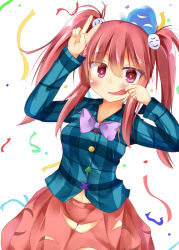 Rule 34 | 1girl, alternate hairstyle, bow, breasts, bubble skirt, confetti, fingersmile, hair ornament, hata no kokoro, kuzumomo, long hair, long sleeves, mask, midriff peek, mouth mask, navel, pink eyes, pink hair, see-through, shirt, simple background, skirt, solo, touhou, twintails, v, wide sleeves