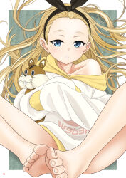 Rule 34 | 1girl, absurdres, bare legs, barefoot, black hairband, blonde hair, blue eyes, collarbone, commentary request, expressionless, feet, foot focus, forehead, from above, hair spread out, hairband, highres, holding, holding stuffed toy, hood, hoodie, kurumi (lycoris recoil), legs up, light blush, long hair, looking at viewer, lycoris recoil, lying, nao suke, on back, parted lips, petite, single bare shoulder, solo, stuffed toy, teeth, toenails, toes, very long hair, white hoodie