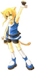 Rule 34 | 1boy, animal ears, arc system works, arm up, armpits, bare shoulders, bell, belt, belt pouch, blonde hair, bridget (guilty gear), cat boy, cat ears, cat tail, contrapposto, crossdressing, cuffs, fingerless gloves, full body, gloves, green eyes, guilty gear, guilty gear xx, kneehighs, looking at viewer, male focus, pocket, pouch, shorts, simple background, skin tight, socks, solo, standing, tail, tank top, trap, white background, white socks