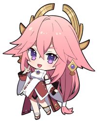 Rule 34 | 1girl, bare shoulders, breasts, chibi, commentary request, detached sleeves, fox shadow puppet, full body, genshin impact, hair between eyes, hair ornament, hairband, highres, japanese clothes, light blush, long hair, long sleeves, looking at viewer, open mouth, pink hair, purple eyes, sandals, sidelocks, simple background, solo, standing, standing on one leg, tongue, white background, white hairband, yae miko, yoriteruru