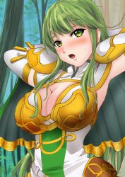 Rule 34 | 1girl, alternate costume, armor, blush, breasts, capelet, commission, fire emblem, gloves, green eyes, green hair, highres, large breasts, long hair, looking at viewer, nao takami, nintendo, official alternate costume, open mouth, palla (fire emblem), skeb commission, upper body