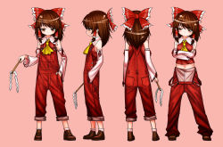 Rule 34 | 1girl, adapted costume, boots, bow hairband, brown hair, crossed arms, detached sleeves, gohei, hair tubes, hairband, hakurei reimu, japanese clothes, lying, miko, navel, neckerchief, on back, on side, overalls, pocket, red headwear, red overalls, shimizu pem, short hair, touhou, yellow neckerchief